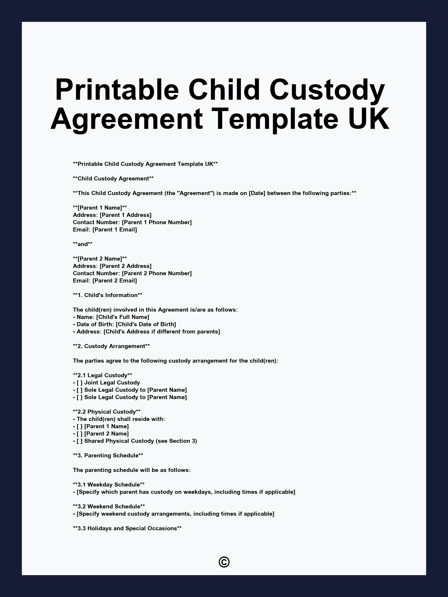 Printable Child Custody Agreement Template UK