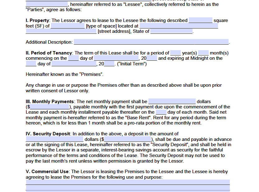 Printable Commercial Lease Agreement