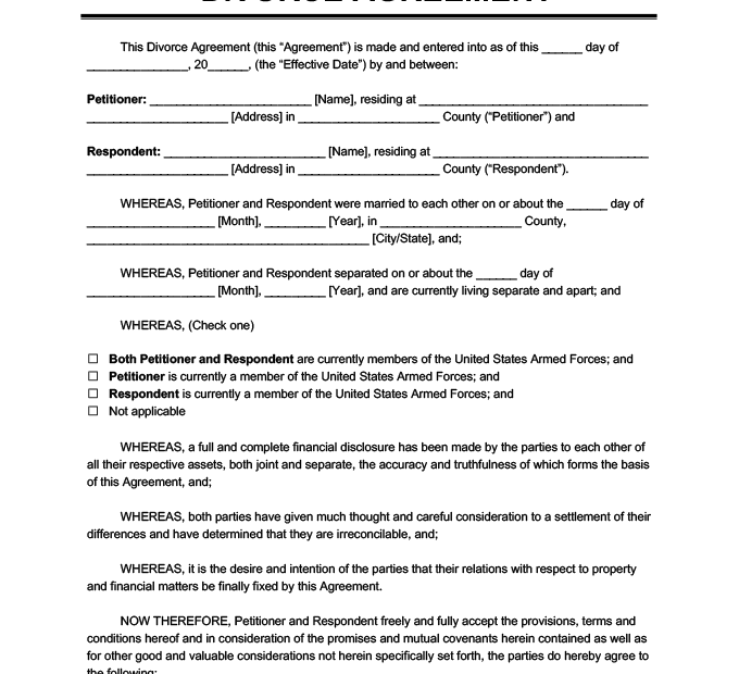 Printable Divorce Agreement Template