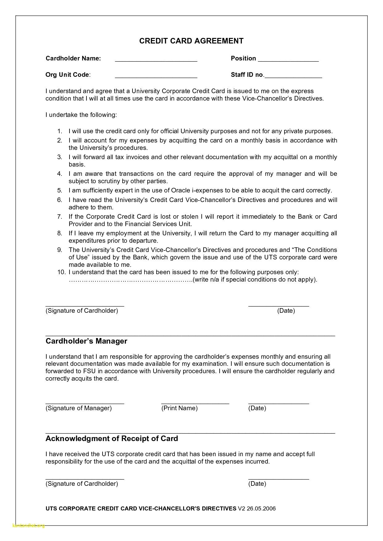 Printable Employee Credit Card Agreement Template