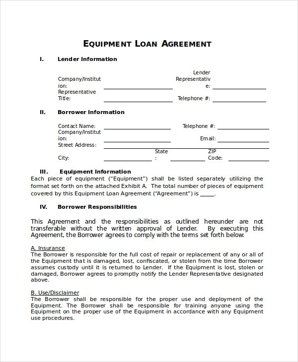 Printable Equipment Loan Agreement Template Printable Templates
