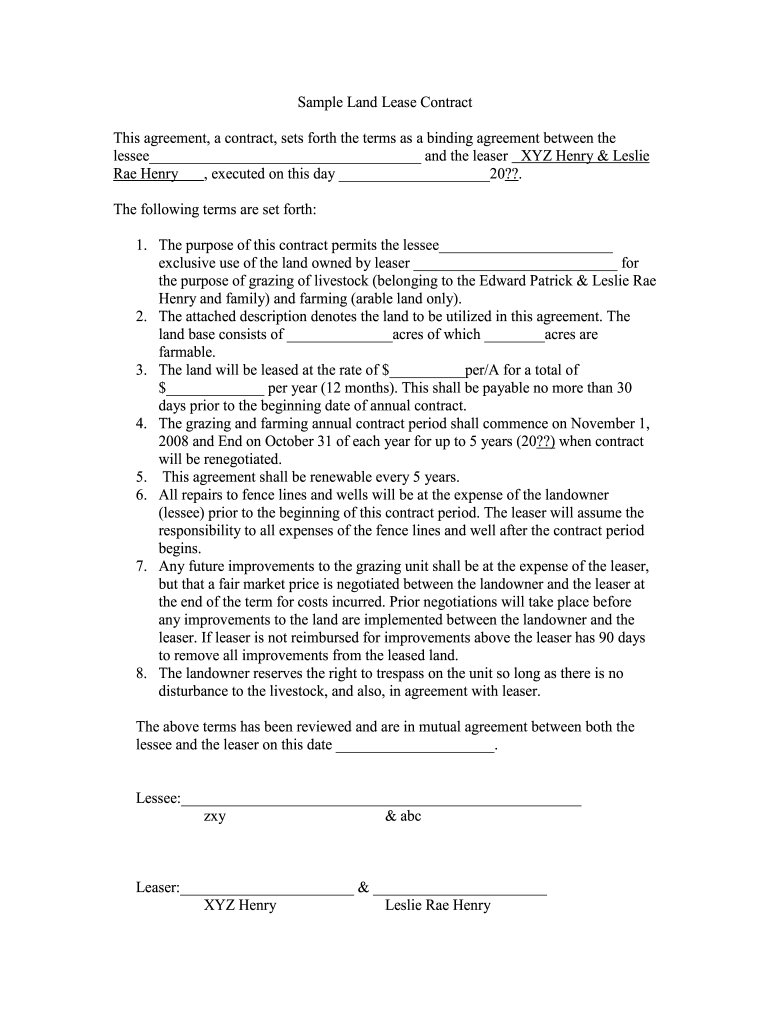 Printable Farm Land Lease Agreement