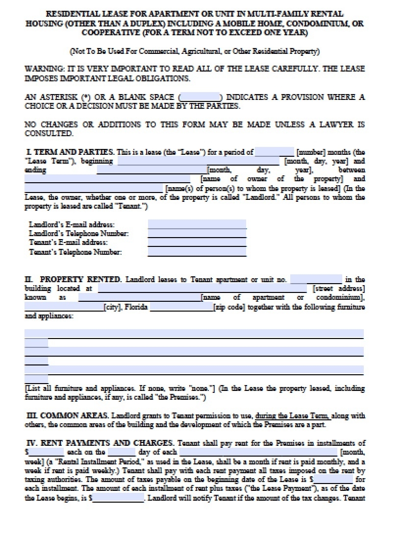 Printable Florida Residential Lease Agreement Fillable Printable 