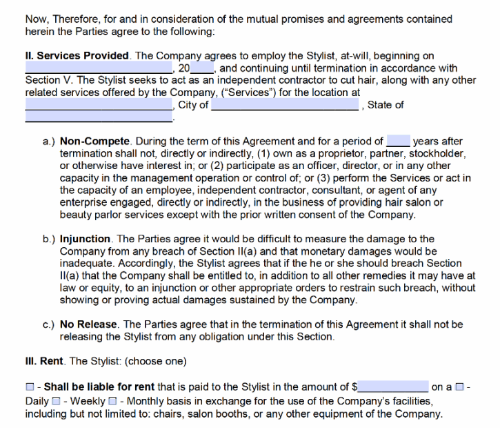 Printable Hair Stylist Contract Agreement