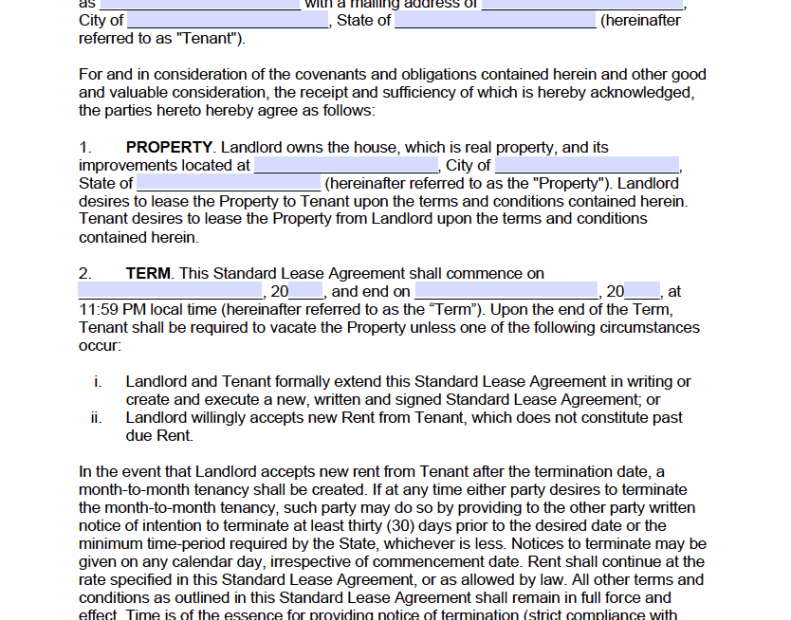 Printable House Lease Agreement
