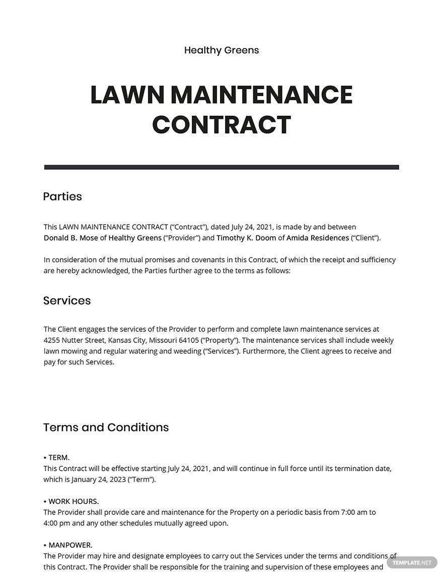 Printable Lawn Care Contract Template