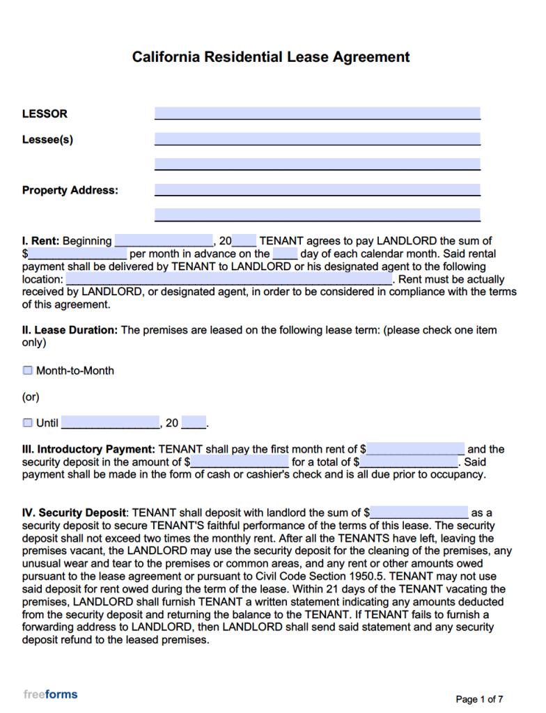 Printable Lease Agreement California
