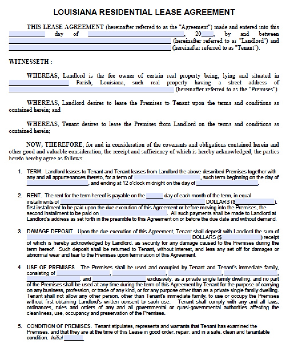 Printable Louisiana Residential Lease Agreement