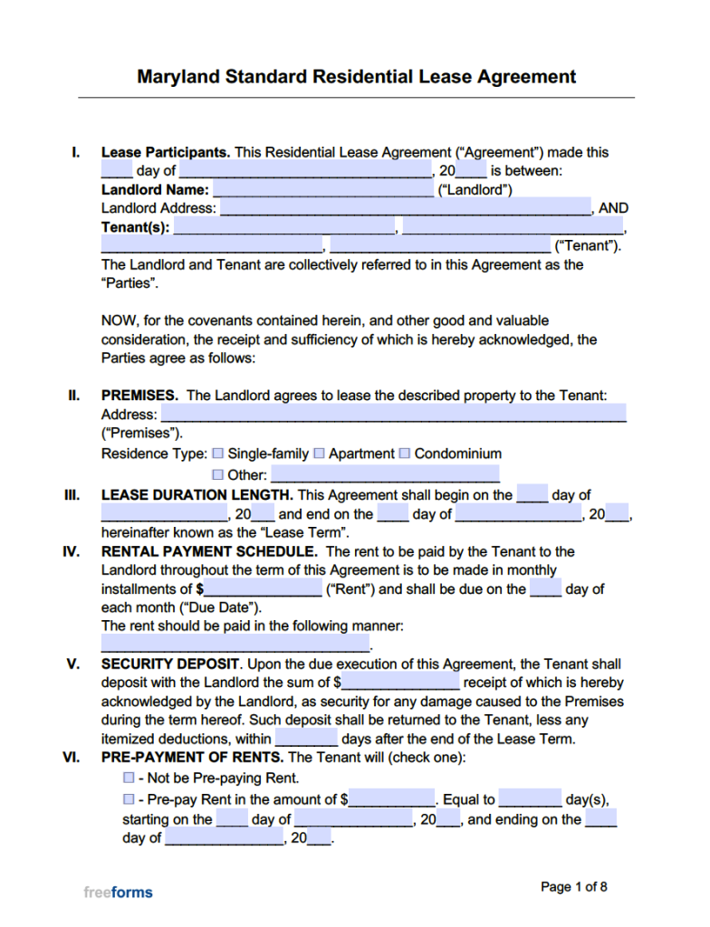 Printable Maryland Residential Lease Agreement