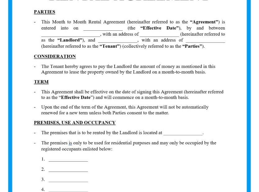 Printable Month To Month Room Rental Agreement Form Printable Forms