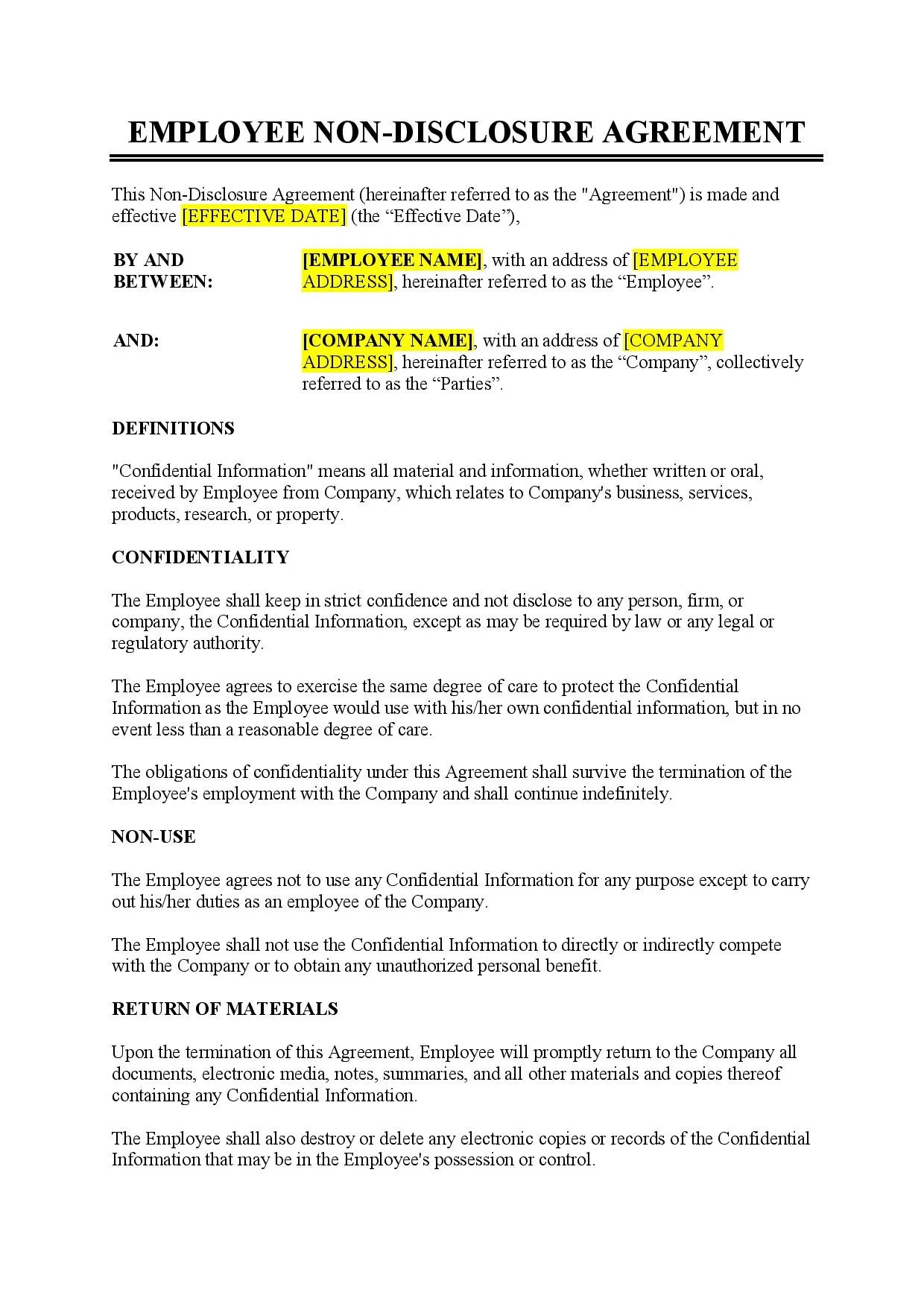 Printable Non Disclosure Agreement For Employees Template