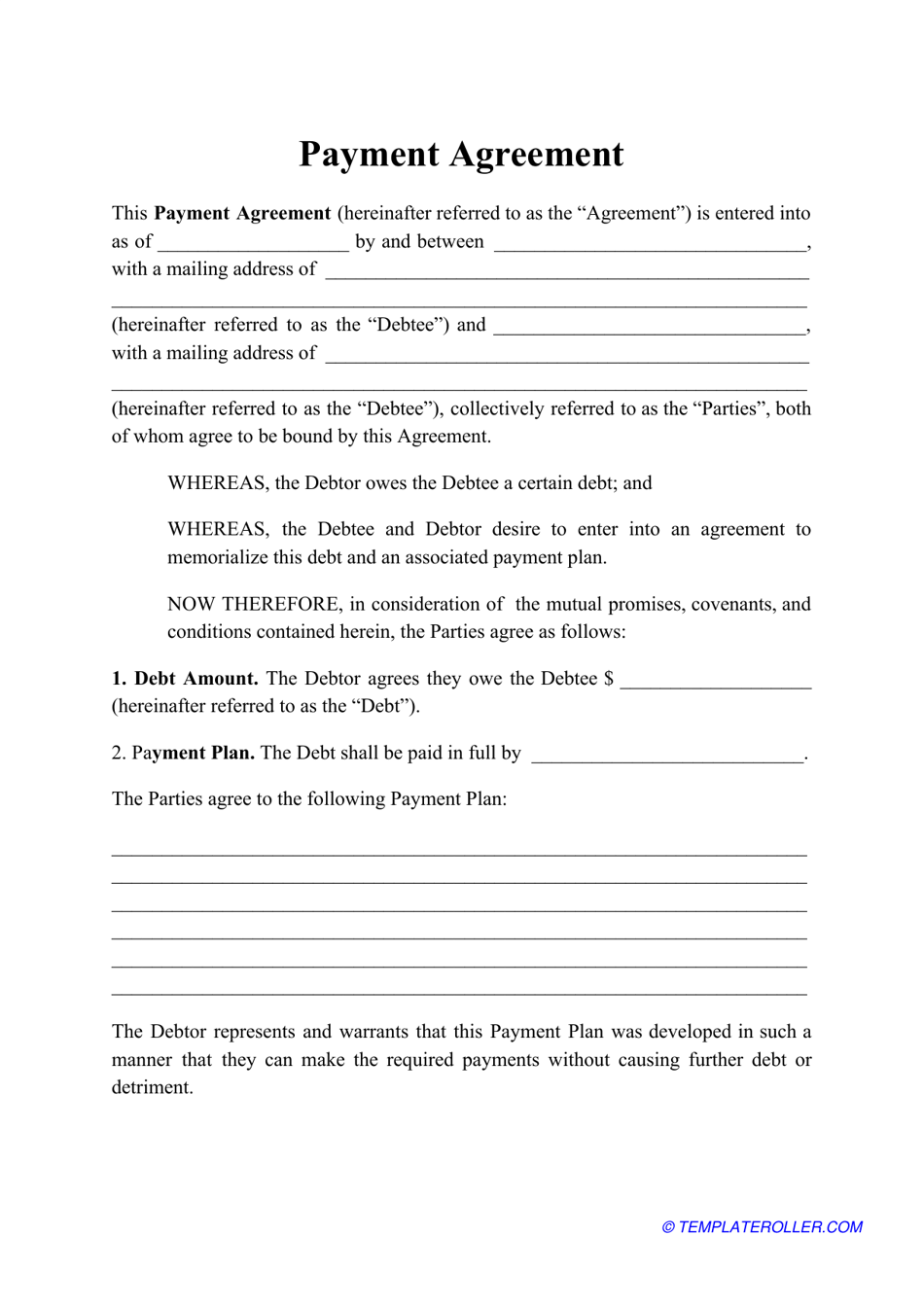 Printable Payment Agreement Form Printable Forms Free Online