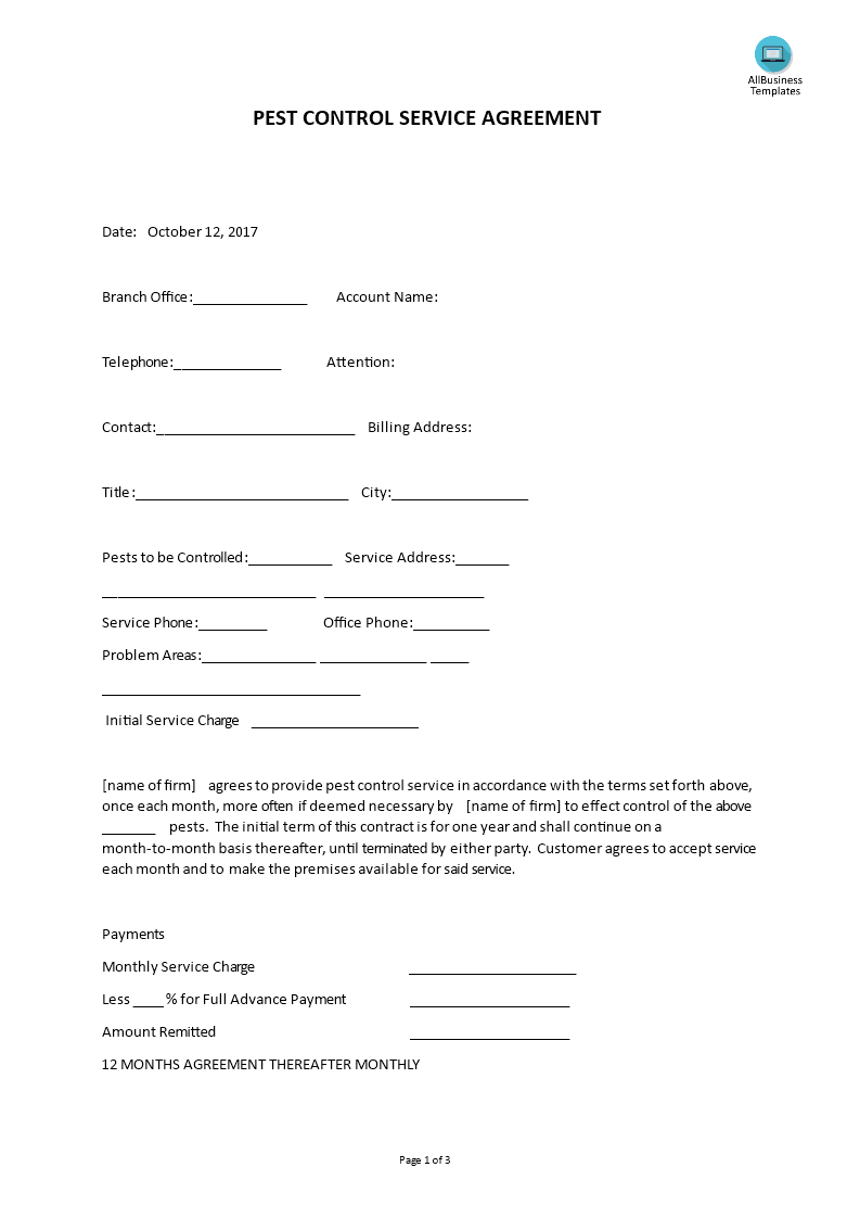 Printable Pest Control Service Agreement Template