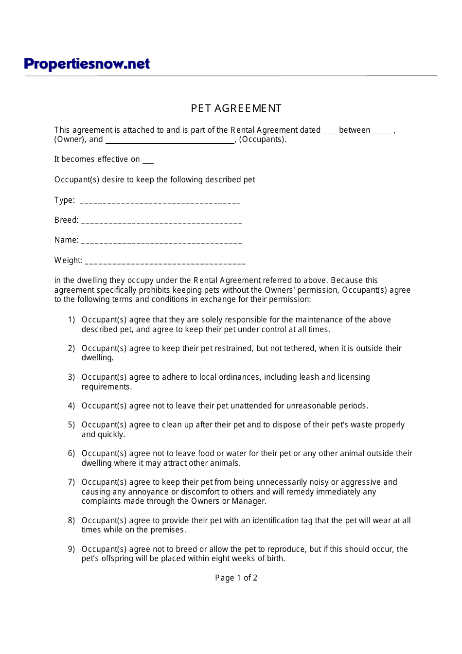 Printable Pet Agreement Form Printable Forms Free Online