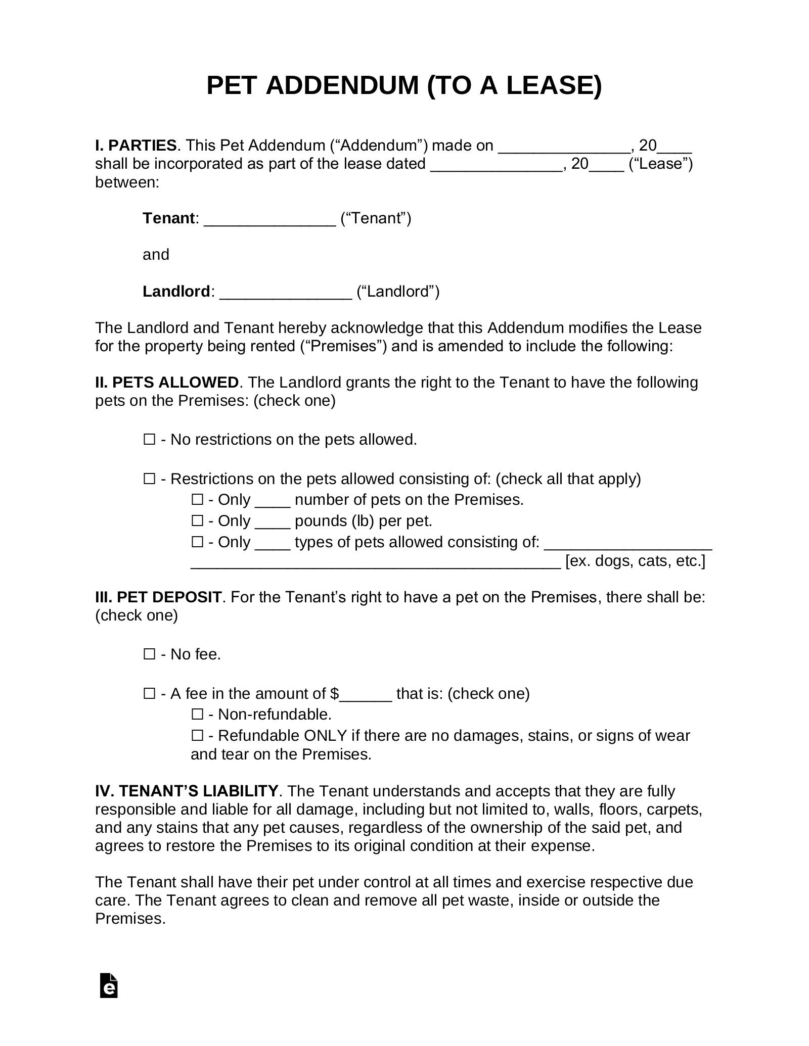 Printable Pet Agreement Form