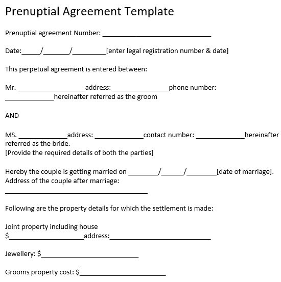 Printable Prenuptial Agreement Forms Samples Word PDF Best