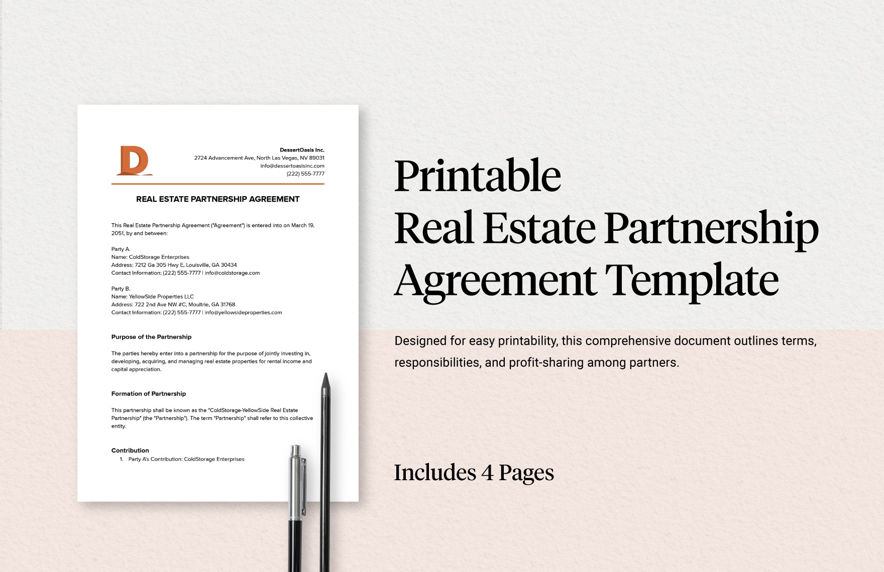 Printable Real Estate Partnership Agreement Template In Word PDF 