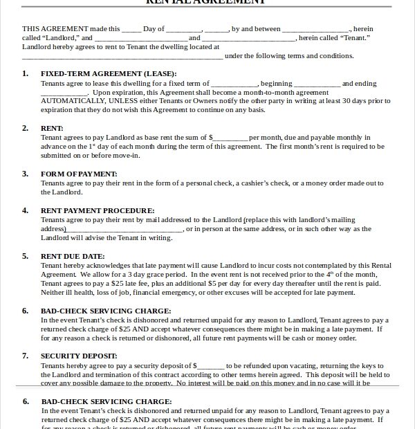 Printable Rental Agreement 22 Word PDF Documents Download