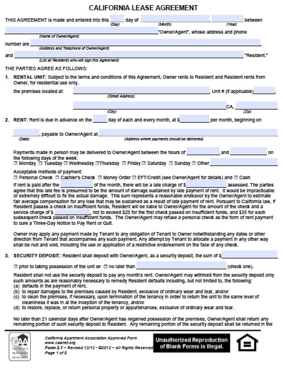 Printable Rental Agreement California