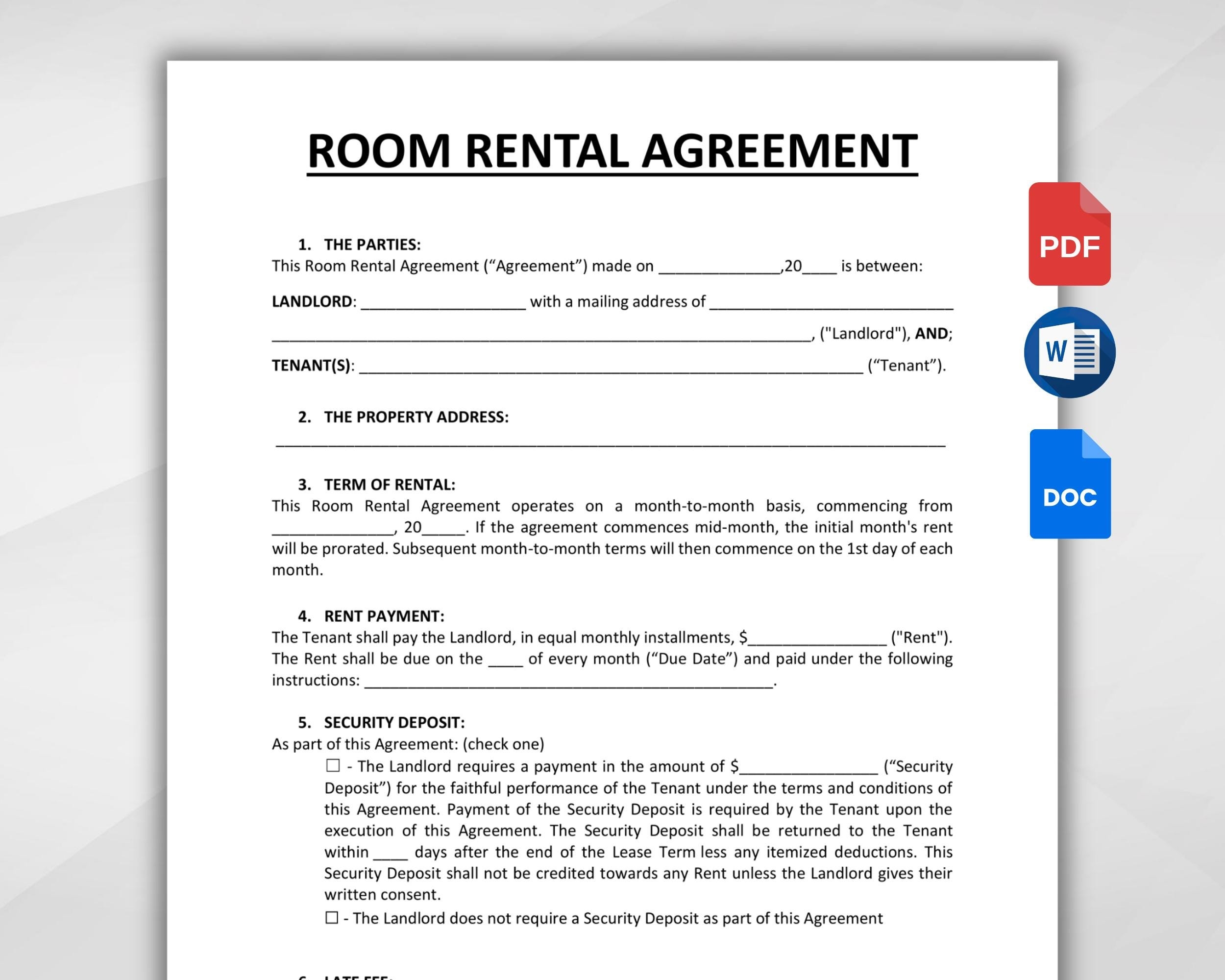 Printable Room Rental Agreement Template Editable Room Tenancy 