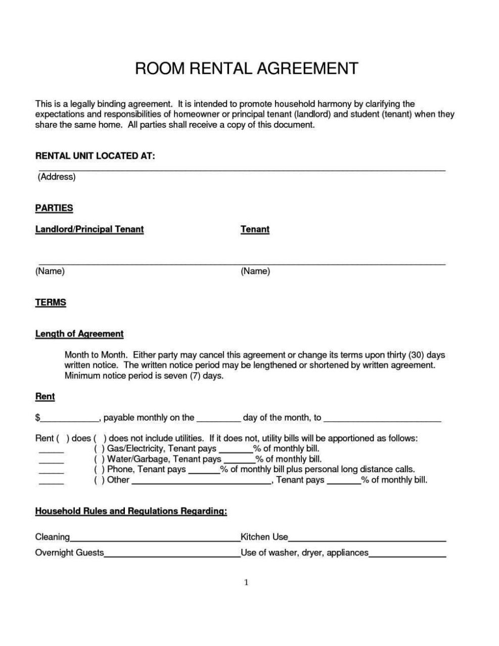 Printable Room Rental Agreement Template Pdf PDF Template