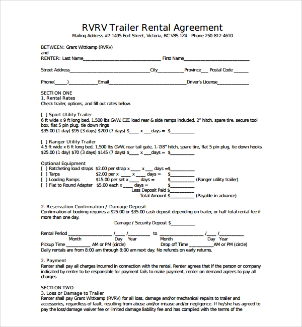 Printable Rv Rental Agreement Template Printable Templates