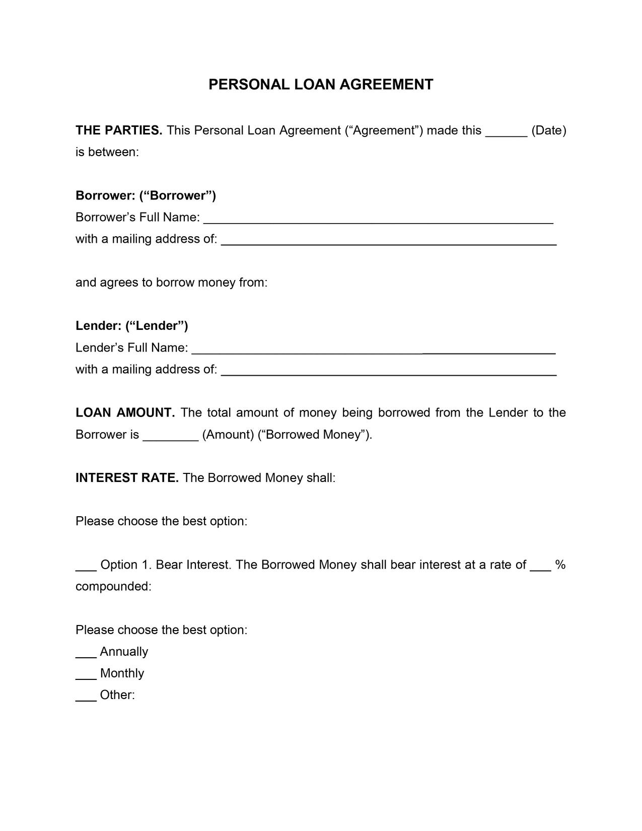 Printable Sample Personal Loan Contract Form Rental Agreemen