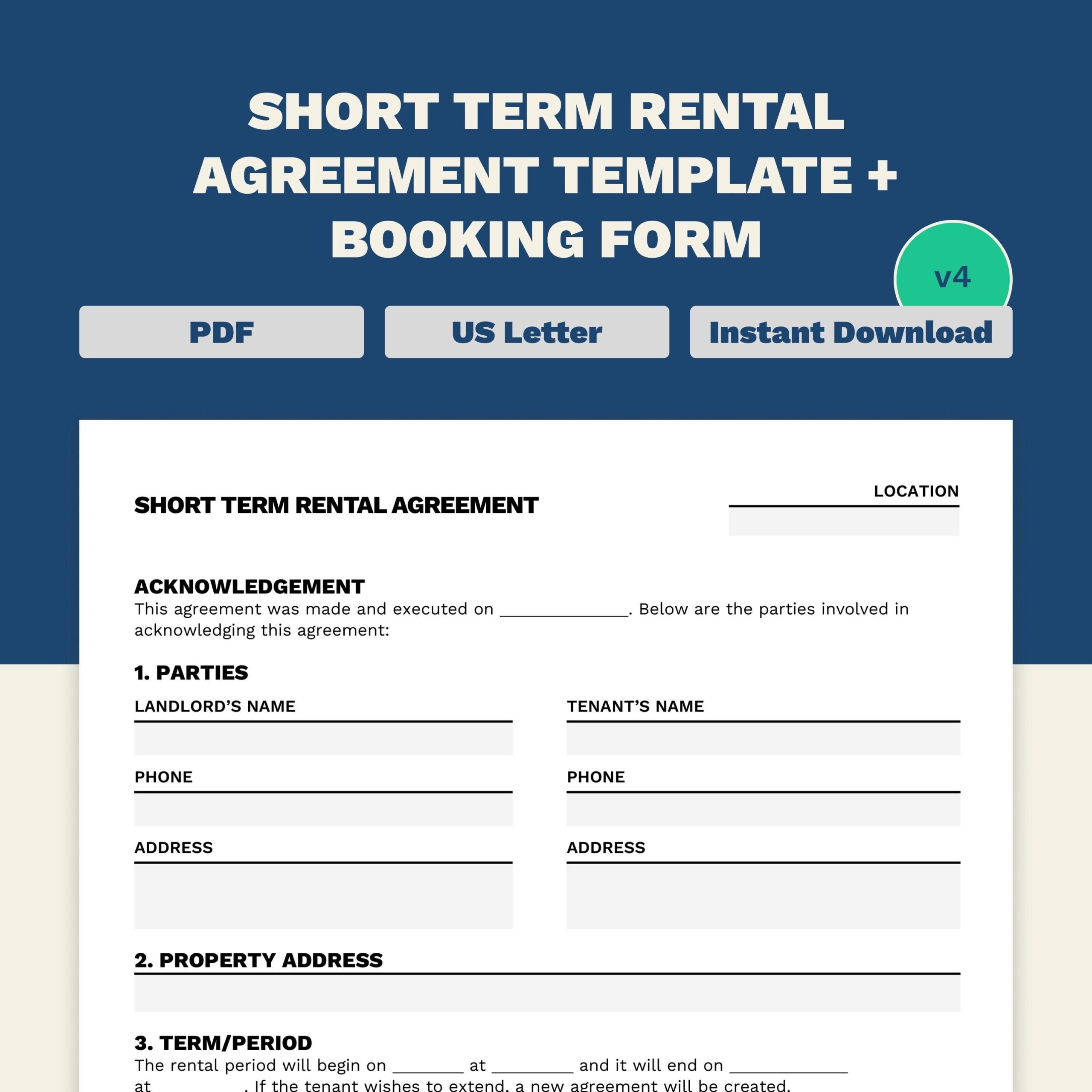 Printable Short Term Rental Agreement Booking Form Included Fillable 