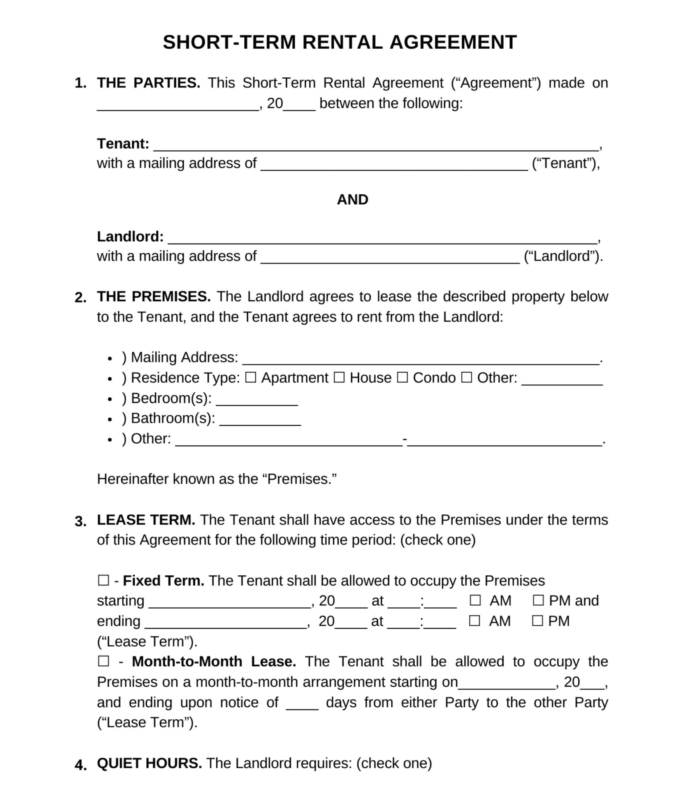 Printable Short Term Rental Agreement Editable Vacation Rental 