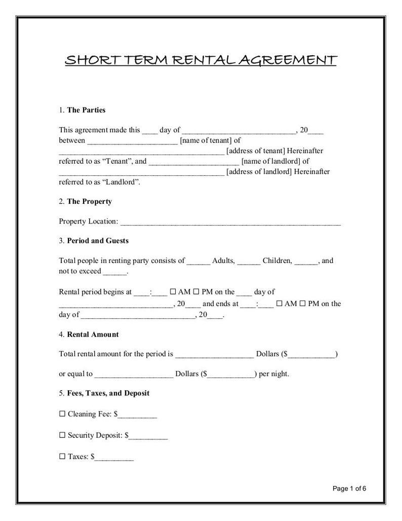 Printable Short Term Rental Agreement