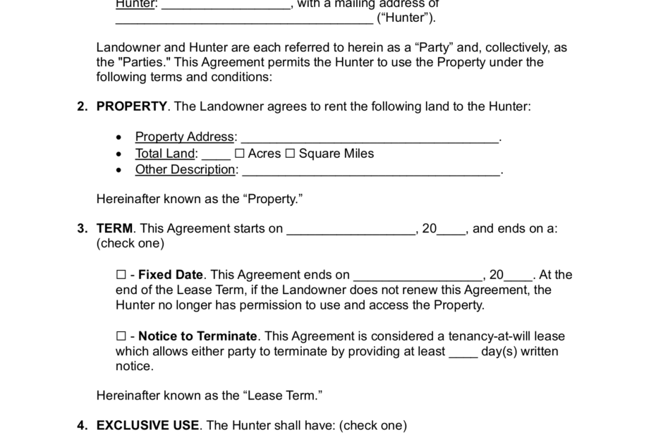 Printable Simple Hunting Lease Agreement