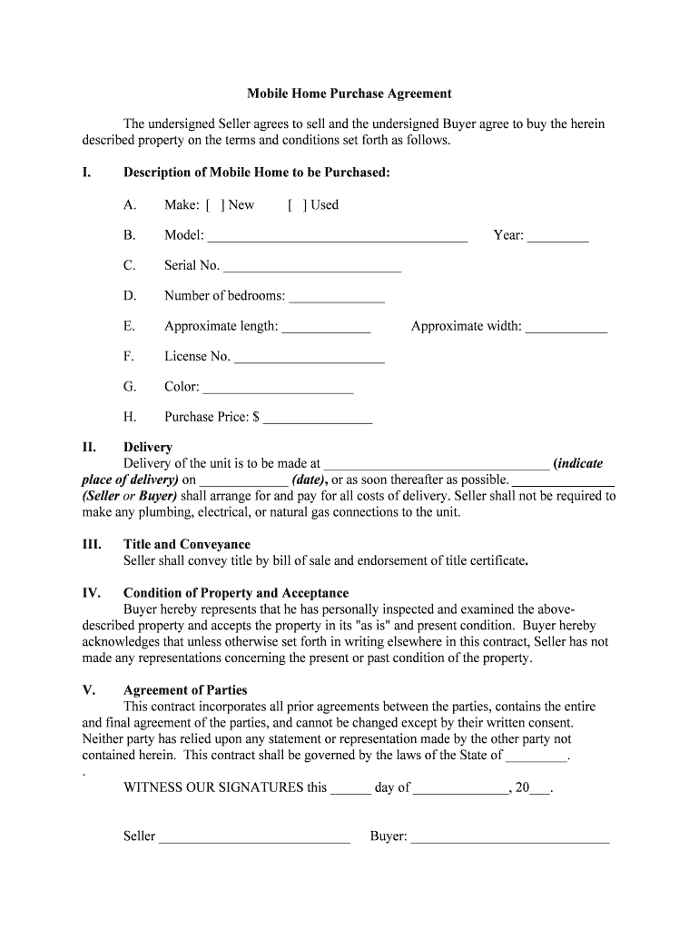 Printable Simple Mobile Home Purchase Agreement Printable Templates