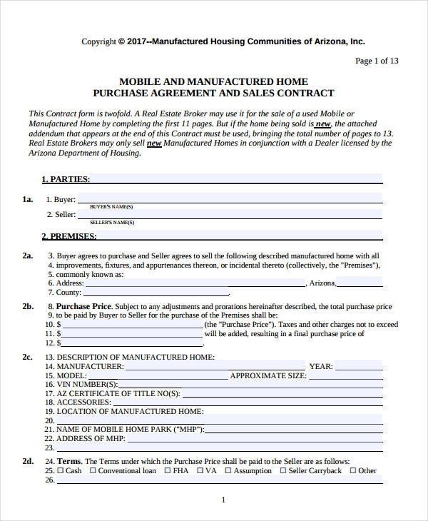 Printable Simple Mobile Home Purchase Agreement Printable Templates