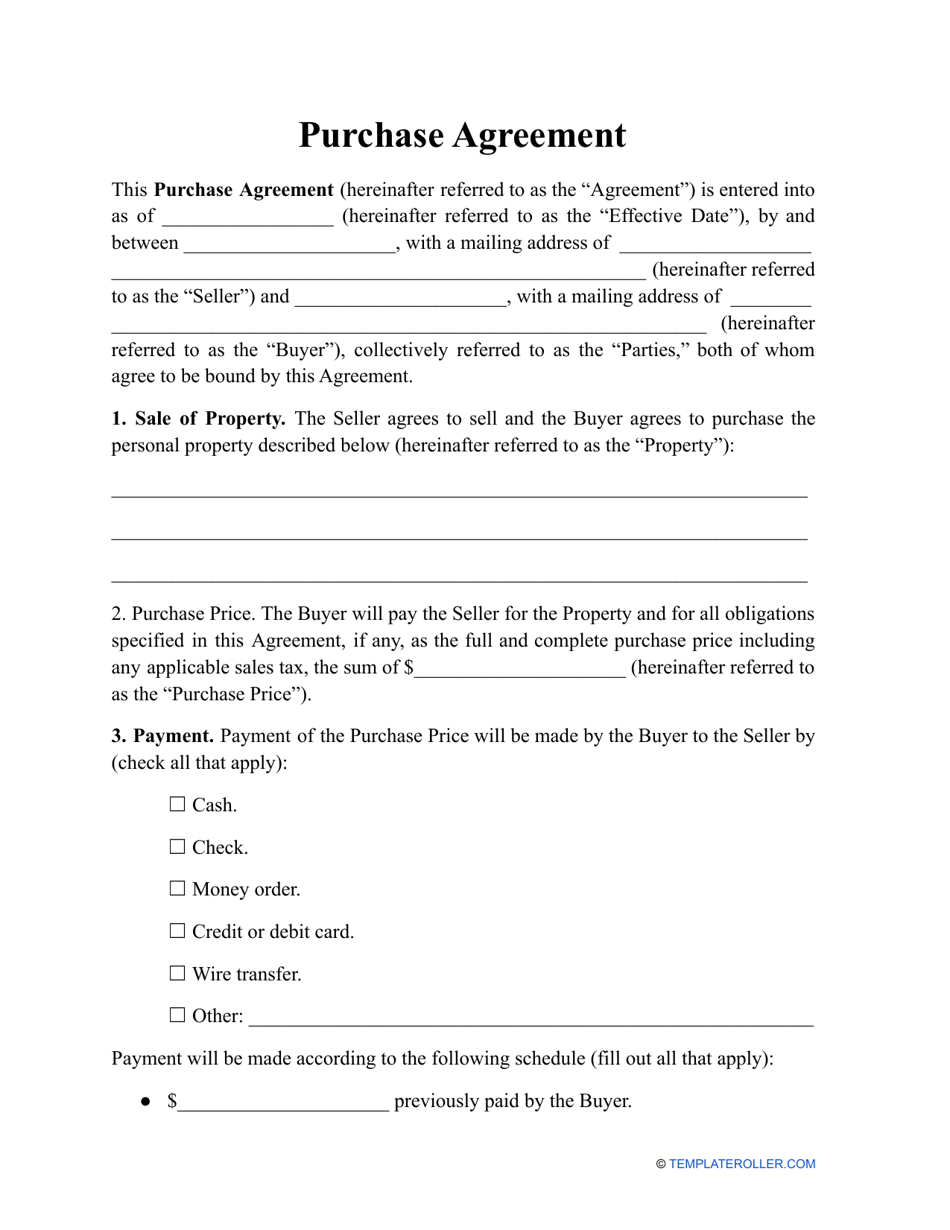 Printable Simple Purchase Agreement Template Word
