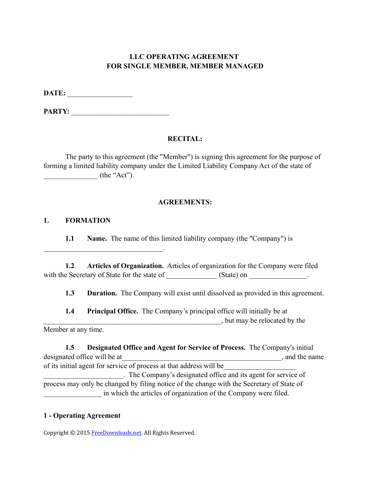 Printable Single Member Llc Operating Agreement Template Free 