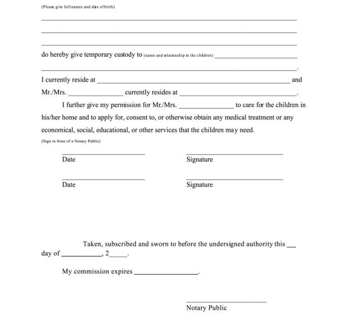 Printable Temporary Custody Agreement Form