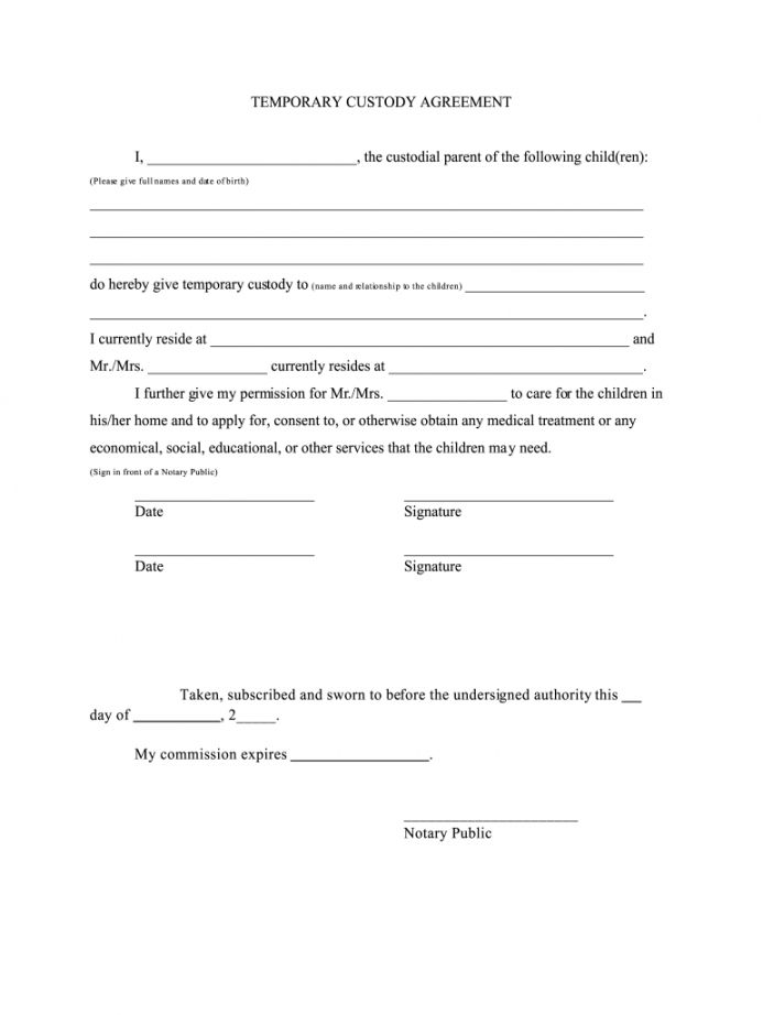 Printable Temporary Custody Agreement Form