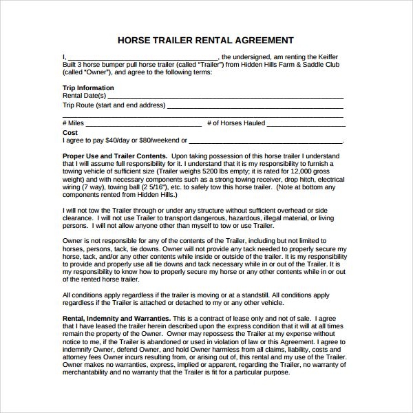 Printable Trailer Rental Agreement