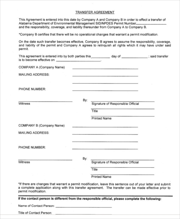 Printable Transfer Of Ownership Agreement Template