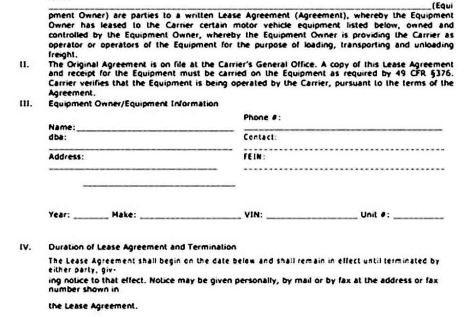 Printable Trucking Company Owner Operator Lease Agreement Form Pdf