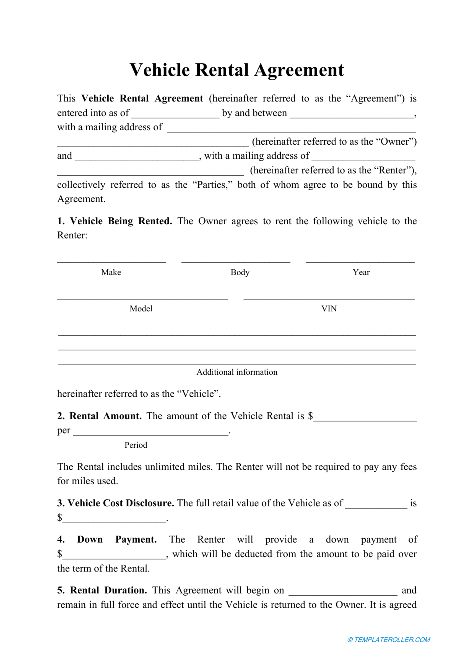 Private Car Rental Agreement Template