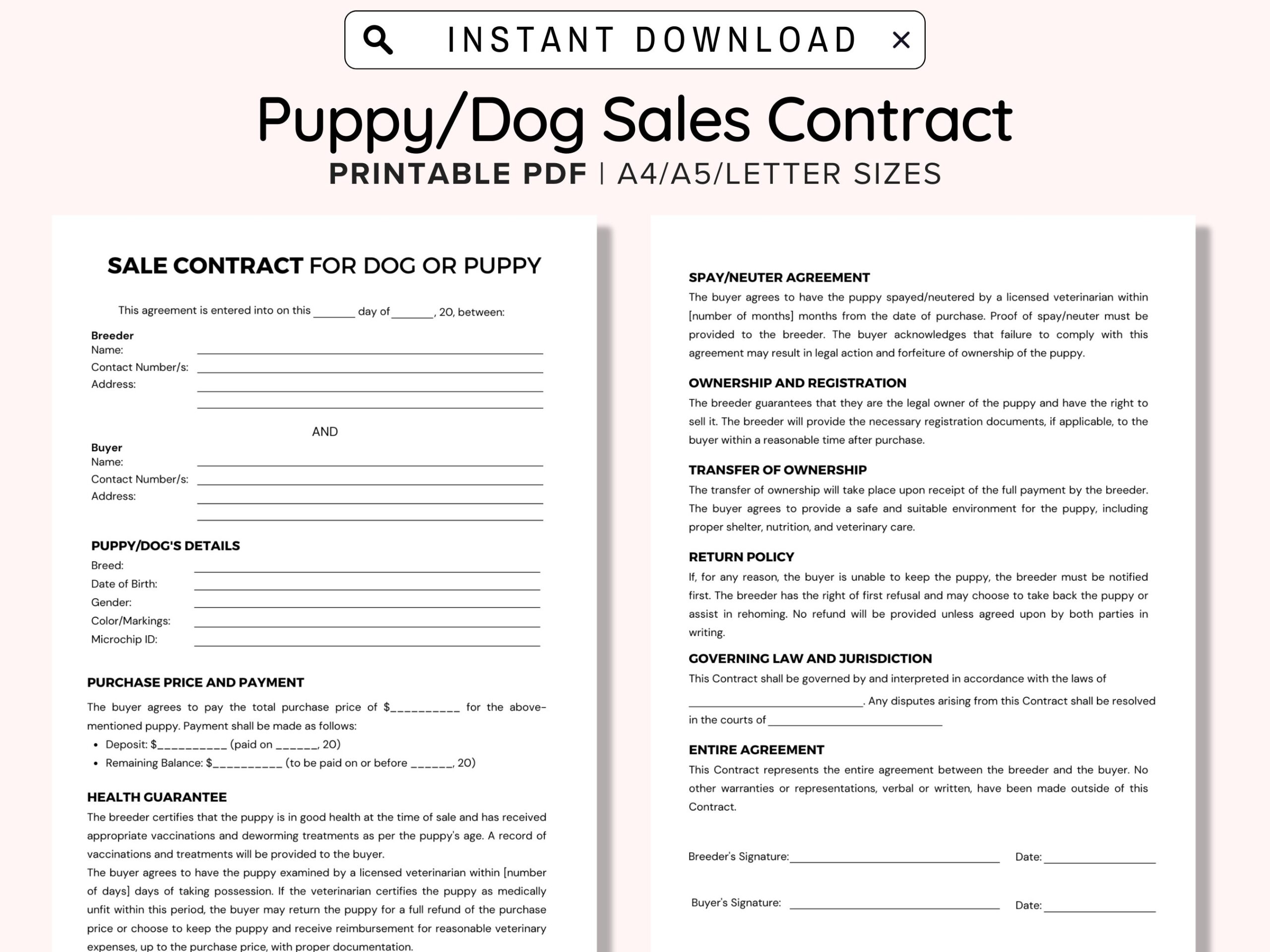 Puppy Sales Contract Pritable Puppy Deposit Contract Puppy Sale 