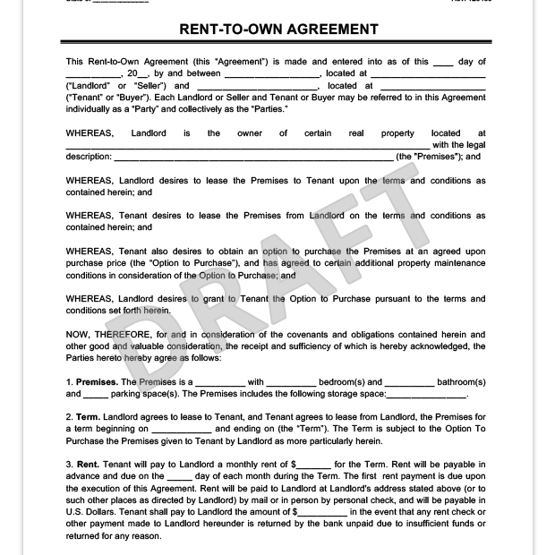 Rent to Own Agreement Create A Free Lease to Own Lease Agreement