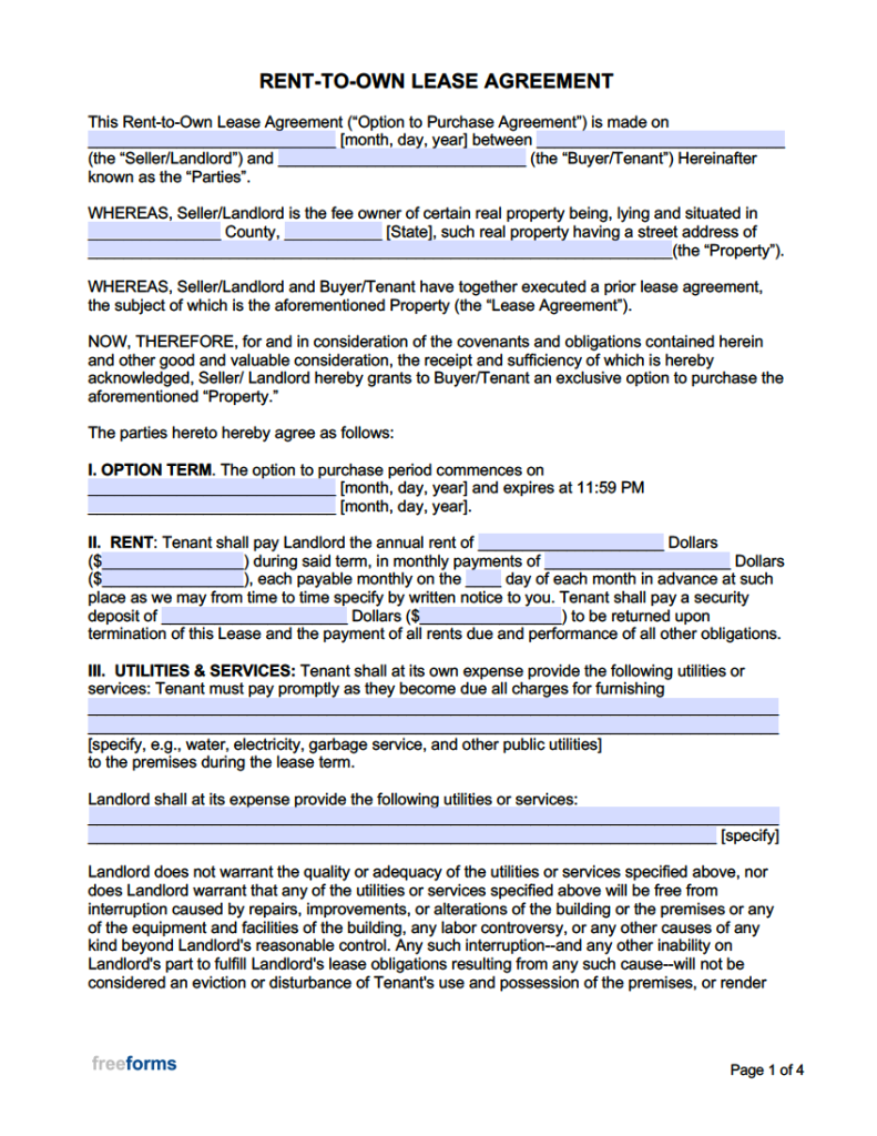 Rent To Own Home Agreement Template