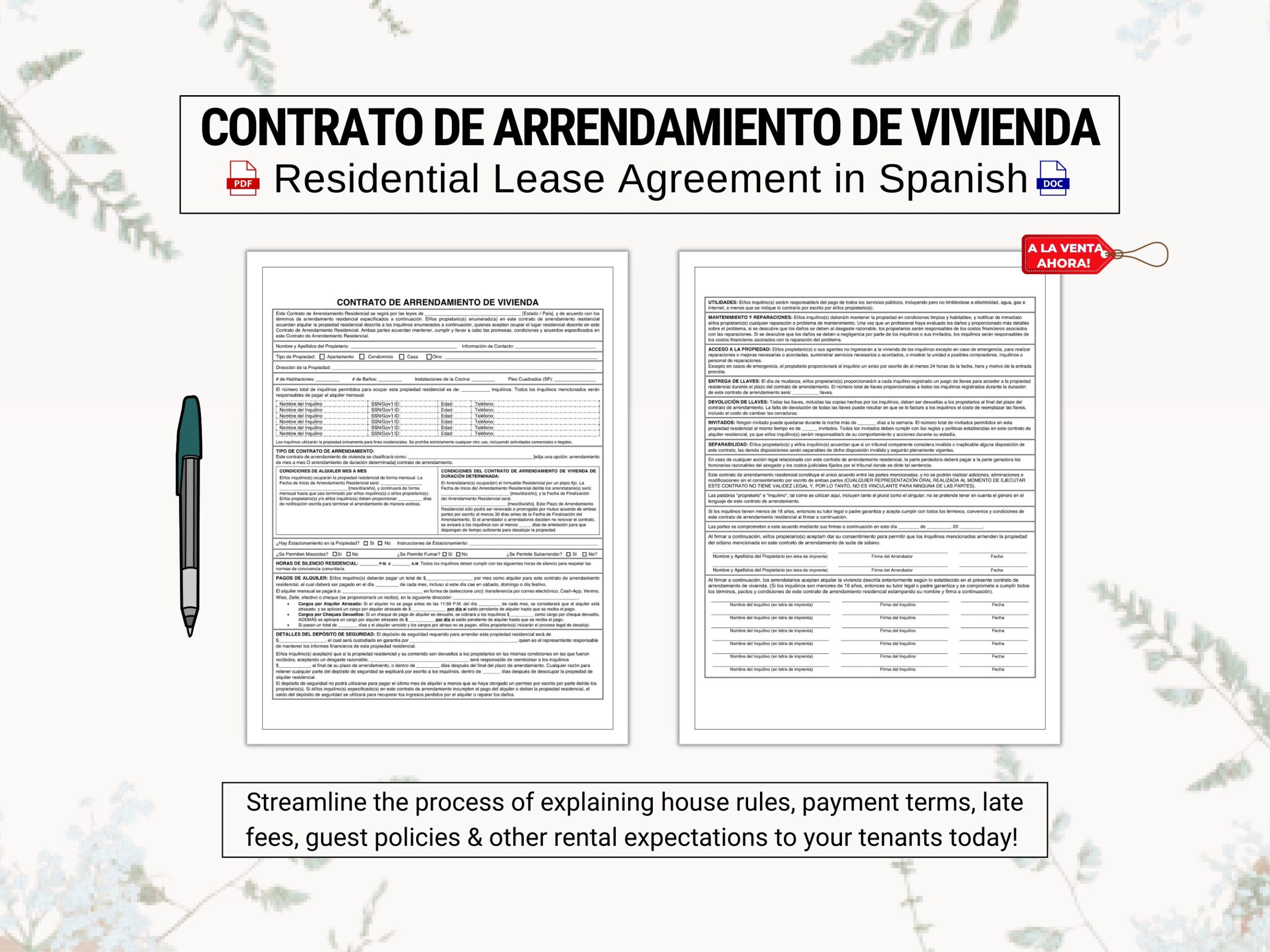 Rental Agreement Spanish Etsy Worksheets Library