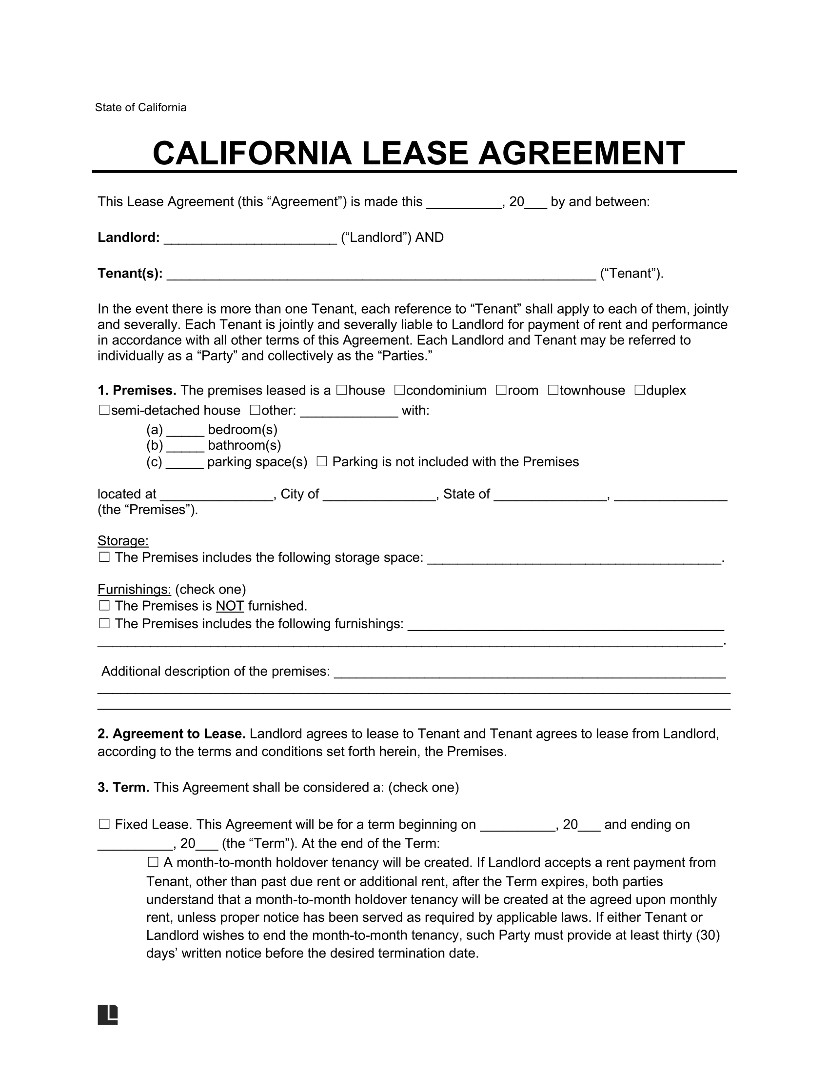 Rental Agreement Template California