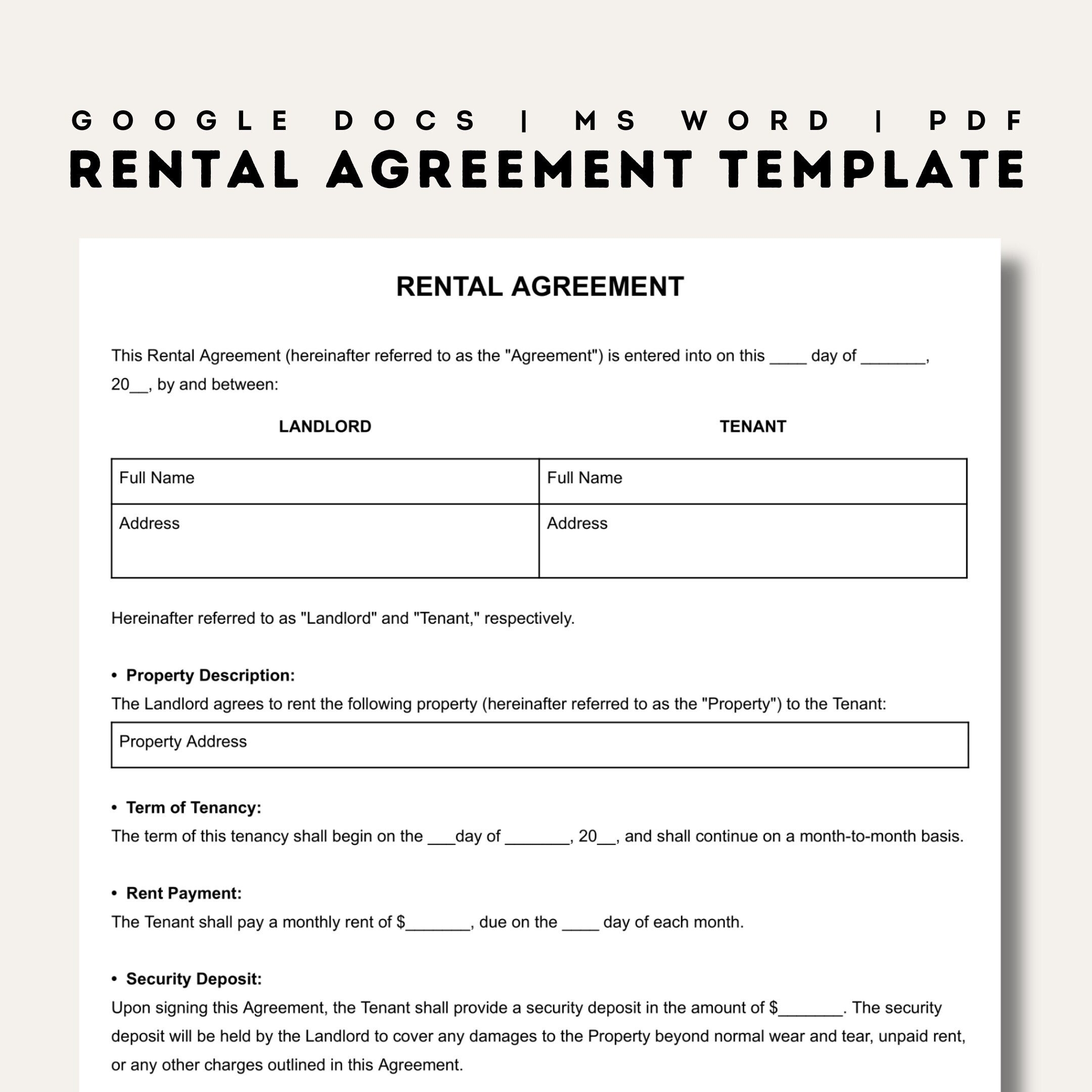 Rental Agreement Templates Simple Editable Rental Agreements Form Printable Lease Fillable Rent Contract Google Docs Word PDF Etsy UK