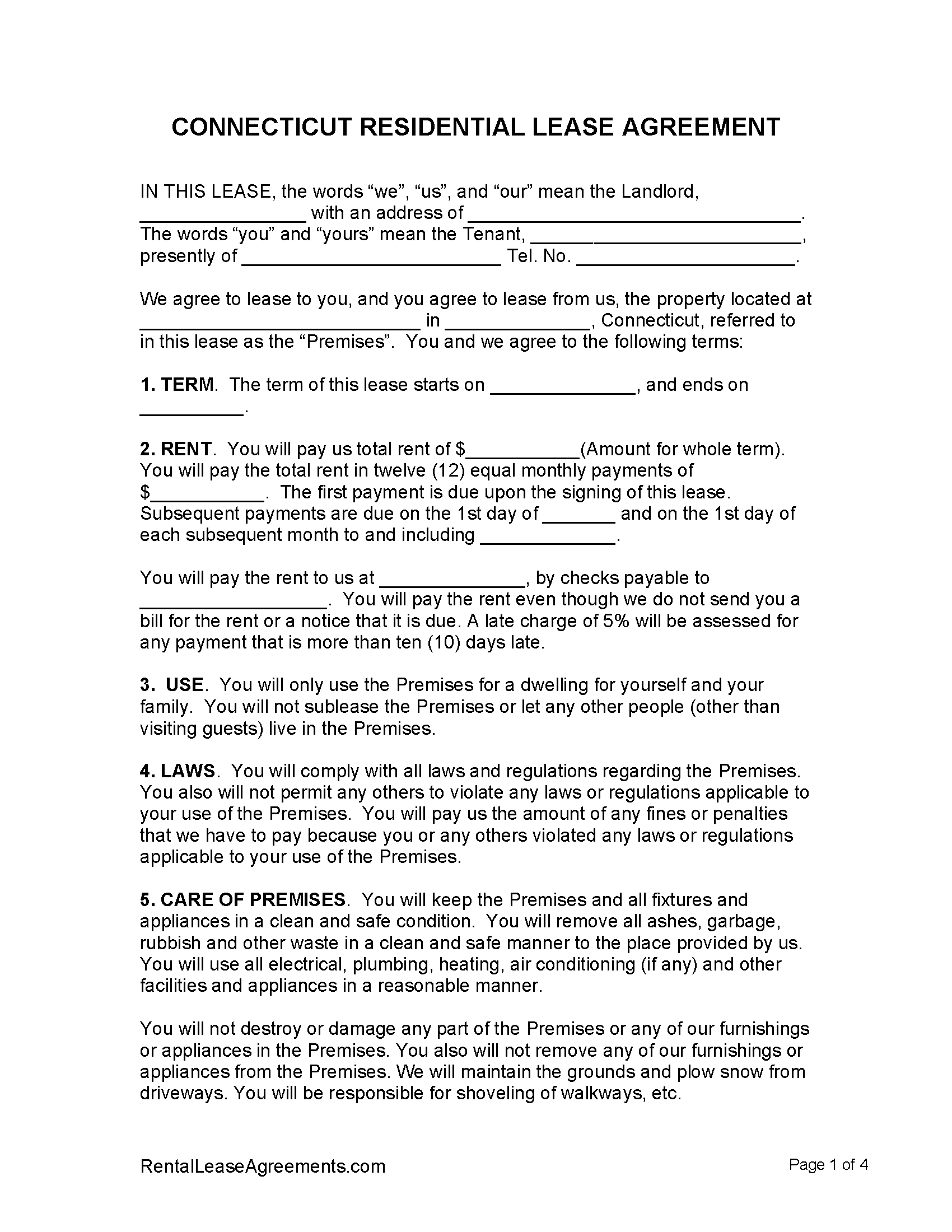 Rental Lease Agreement Ct Template Printable Form Templates And Letter