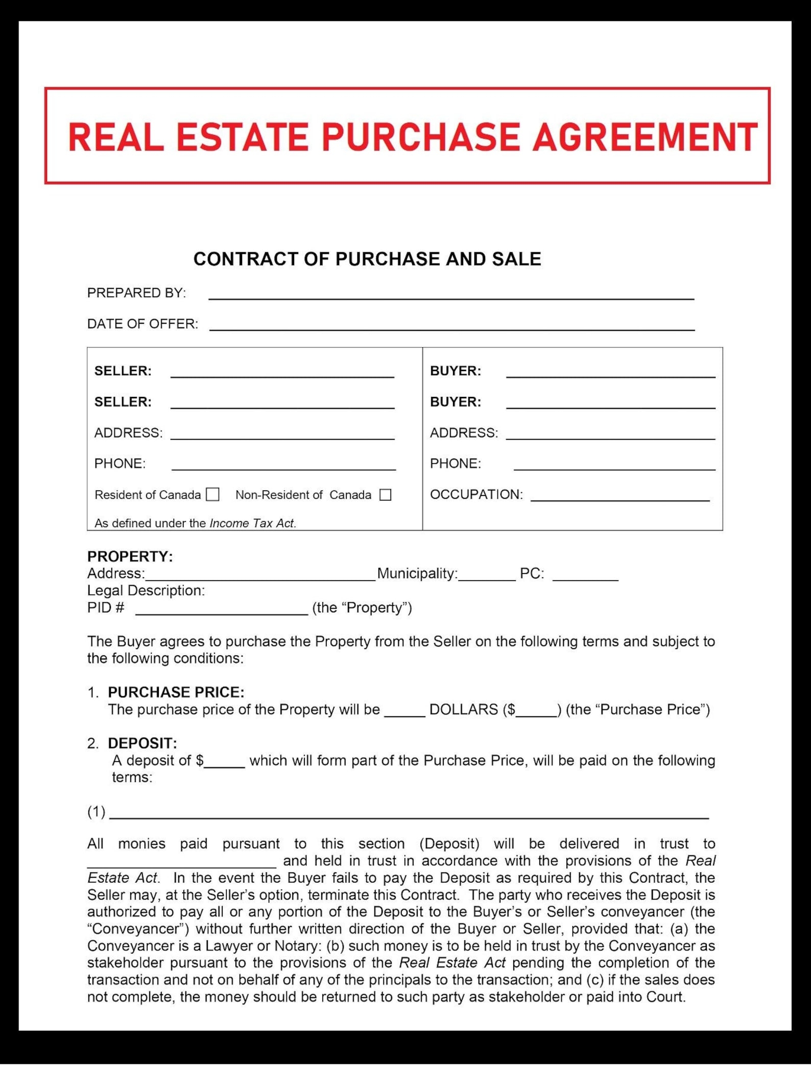 Residential Purchase Agreement Real Estate Purchase Agreement Property 