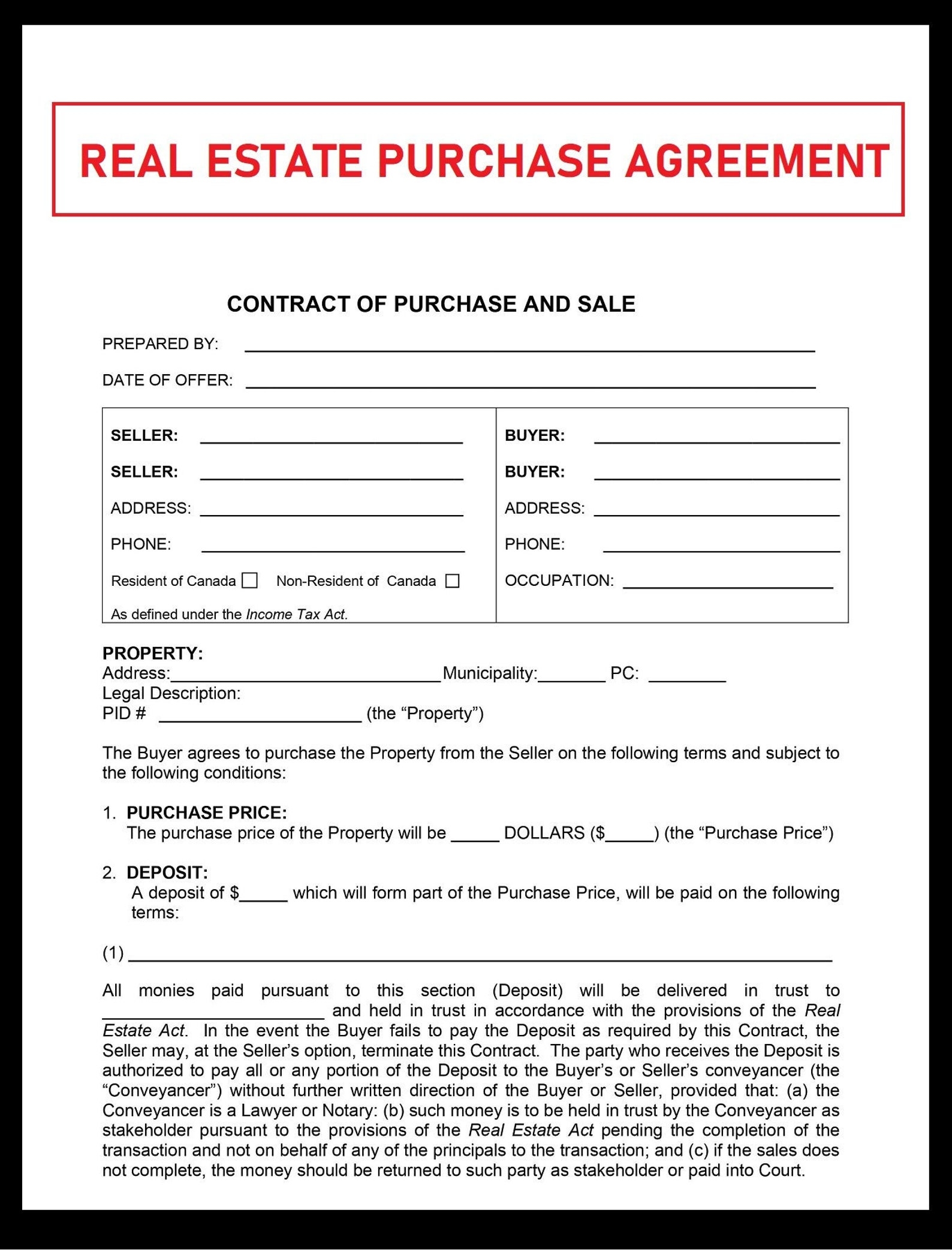 Residential Purchase Agreement Real Estate Purchase Agreement Property 